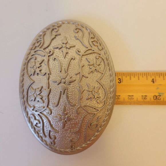 Vintage Western Buckle Oval Embossed Floral Patern Silver Tone - Picture 7 of 7